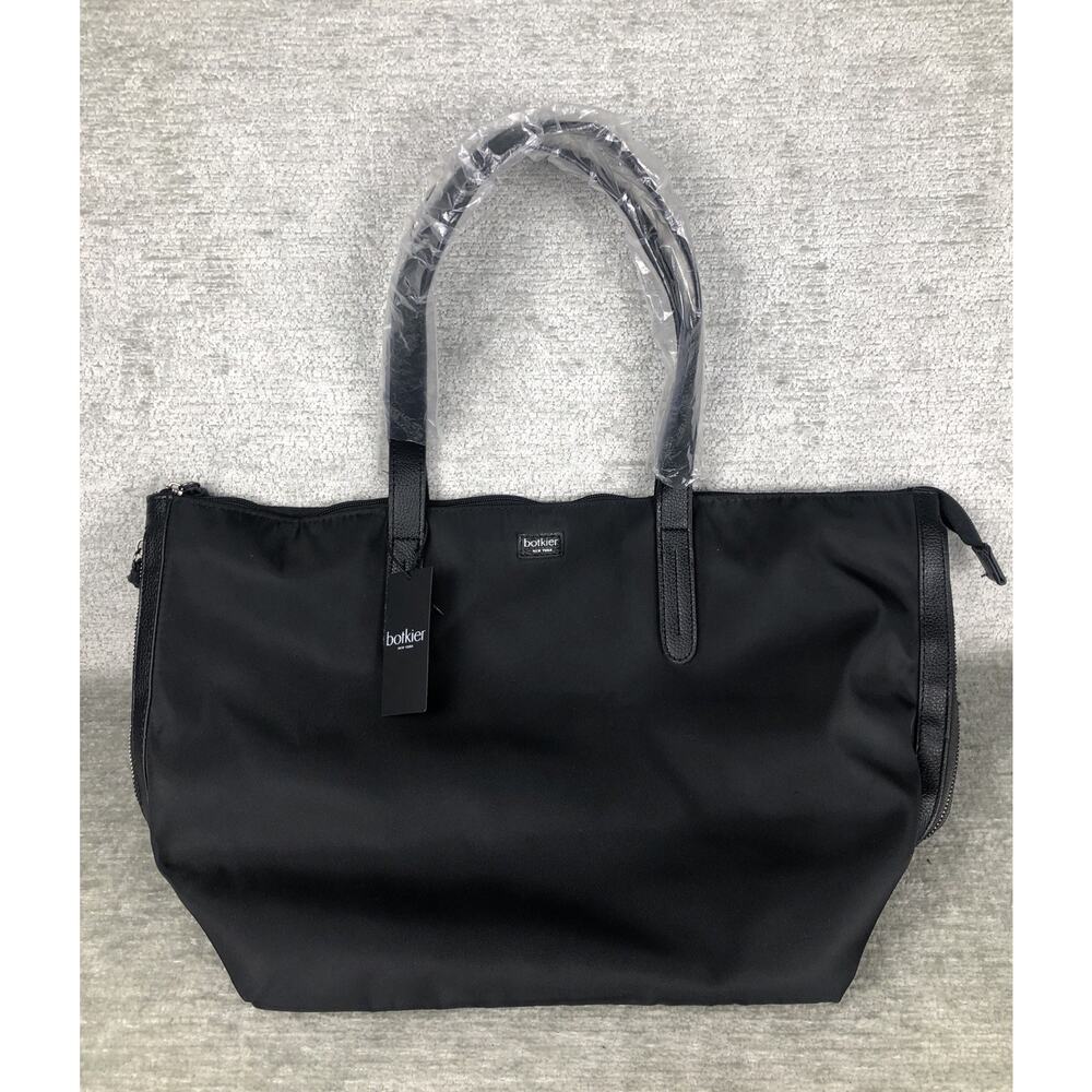 Botkier New York Large Black Nylon Tote Bag Faux Leather Trim Double Strap Zip